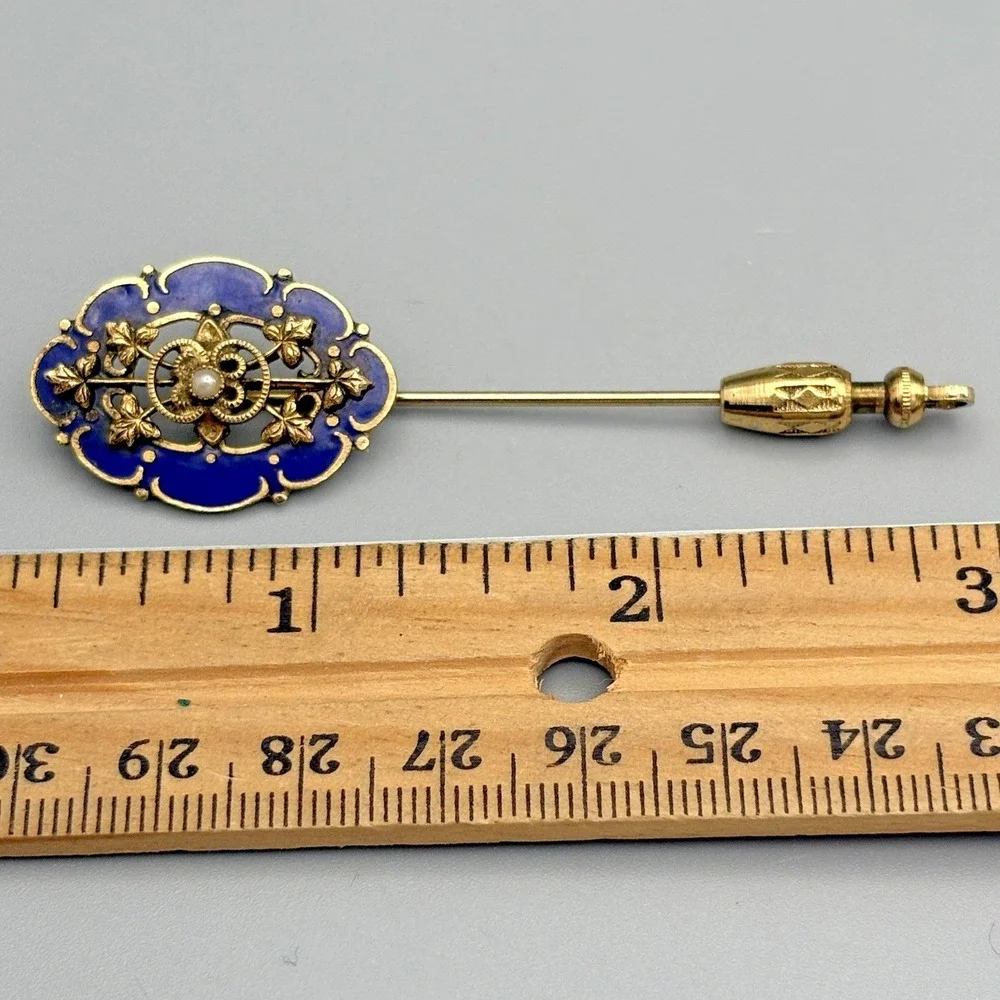 Antique Estate Stick Pin Blue Enamel Faux Pearl Regal Gold Vines and Pinstop